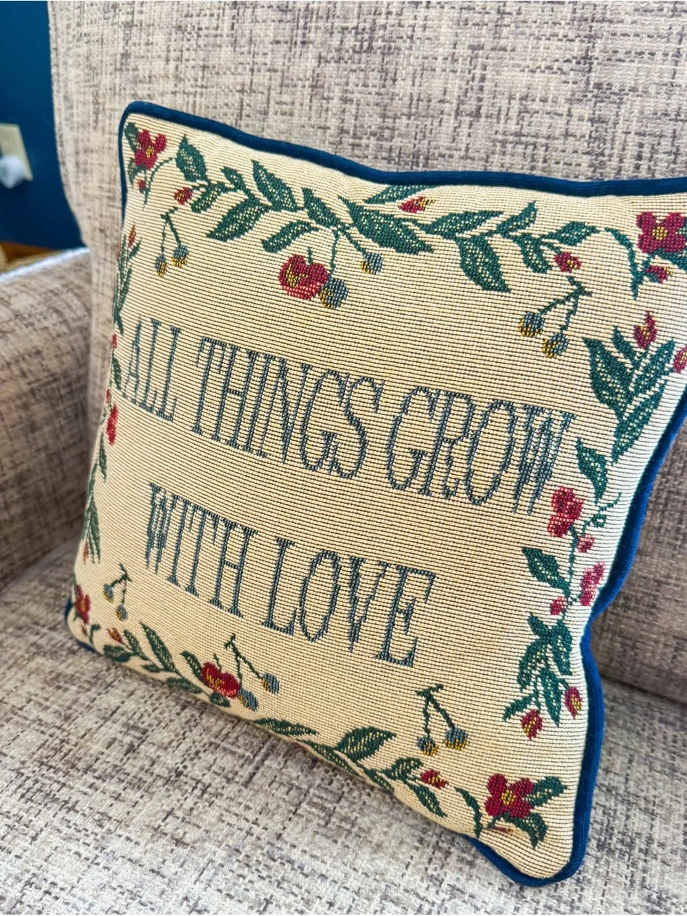 All Things Grow With Love Decorative Throw Pillow - Blue Text